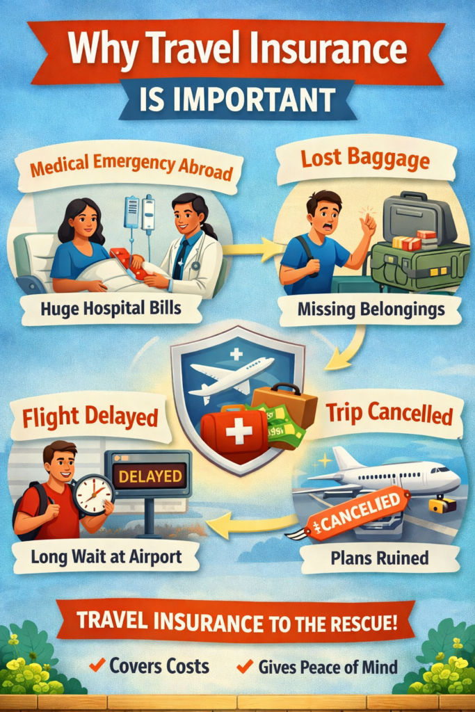 Travel Insurance Guide: Infographic showing travel insurance benefits including medical emergency coverage, lost baggage protection, flight delays and trip cancellation