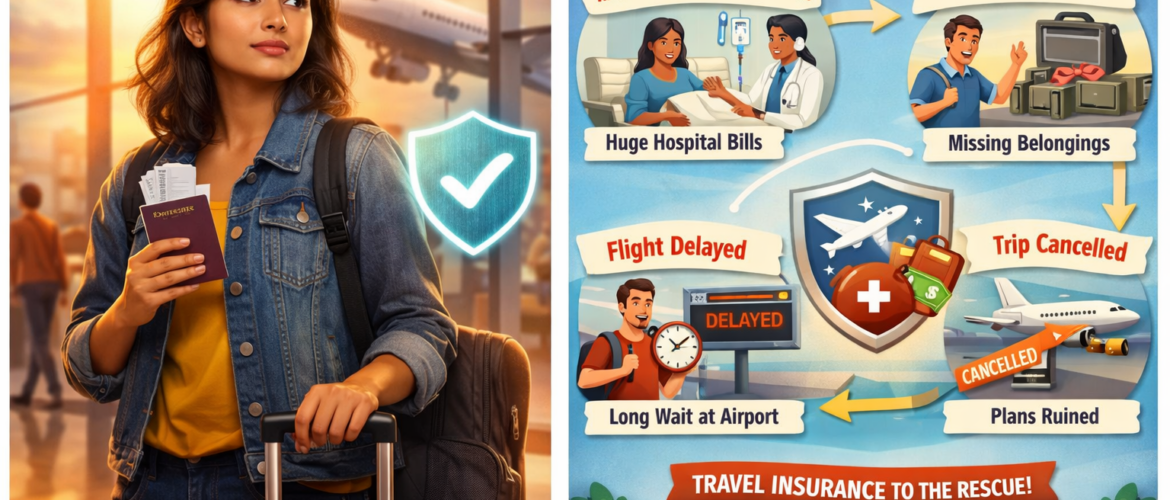 Indian traveler at airport holding passport and luggage with travel insurance protection concept and airplane in background