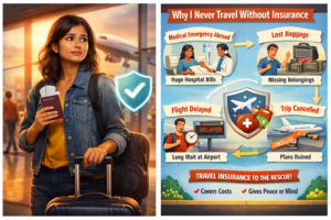 Indian traveler at airport holding passport and luggage with travel insurance protection concept and airplane in background