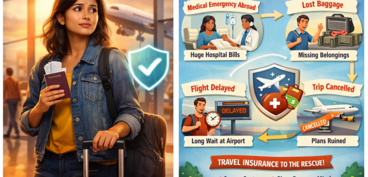 Indian traveler at airport holding passport and luggage with travel insurance protection concept and airplane in background