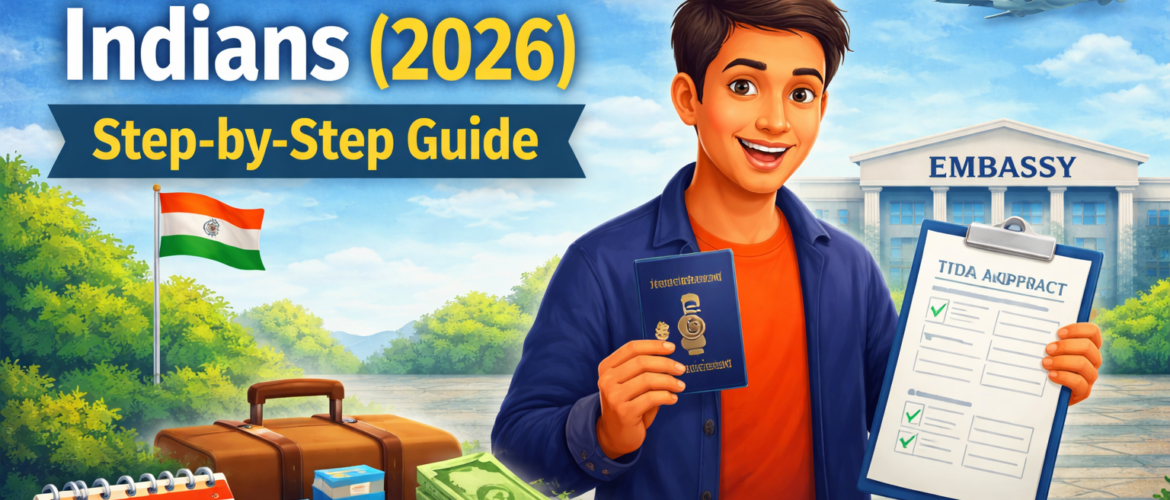 Visa Process - Indian traveler holding passport and visa application in front of embassy building illustrating visa process for Indians step by step guide