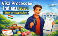 Visa Process - Indian traveler holding passport and visa application in front of embassy building illustrating visa process for Indians step by step guide