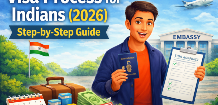 Visa Process - Indian traveler holding passport and visa application in front of embassy building illustrating visa process for Indians step by step guide