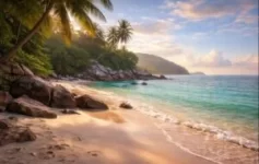 Tranquil stretch of quiet beach with gentle waves and open sky.