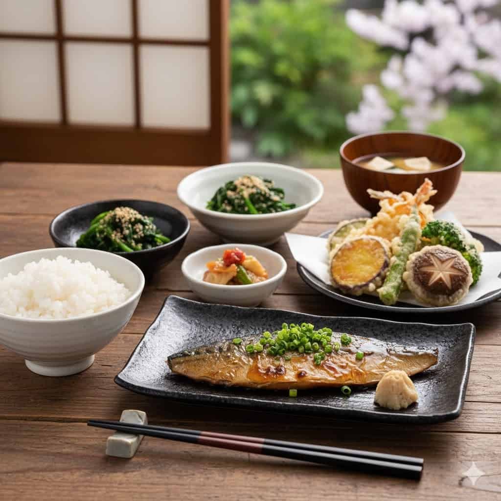 Healthy Japanese food assortment with grilled fish, vegetables, rice, and miso soup