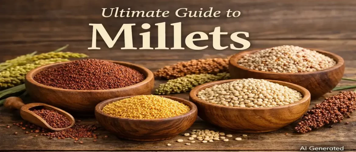 Assorted millets including ragi, foxtail millet, pearl millet, and sorghum displayed in wooden bowls with “Ultimate Guide to Millets”