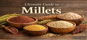 Assorted millets including ragi, foxtail millet, pearl millet, and sorghum displayed in wooden bowls with “Ultimate Guide to Millets”