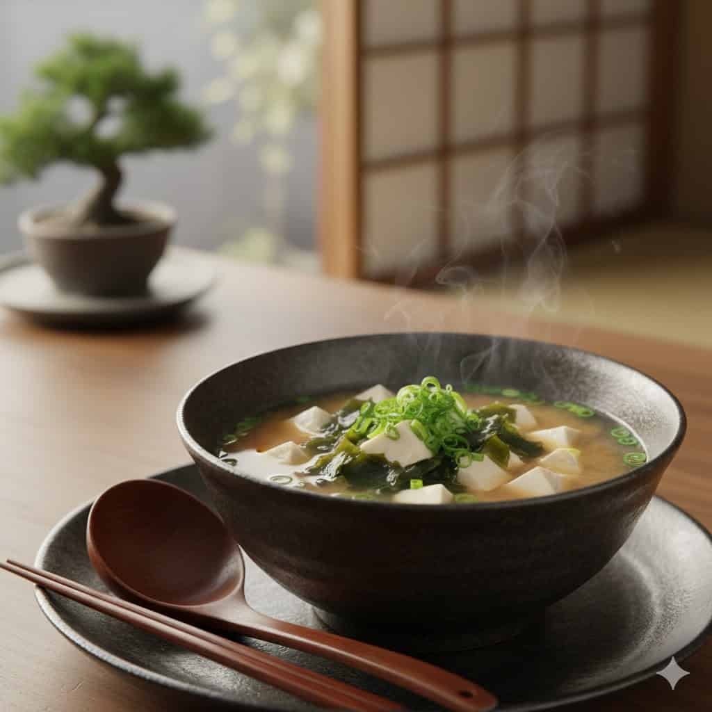 Traditional Japanese miso soup with tofu cubes and wakame seaweed in a lacquer bowl