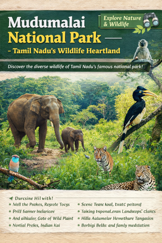 Visit in Tamil Nadu Mudumalai National Park wildlife scene featuring elephants, tiger, deer, and birds in lush forest Tamil Nadu
