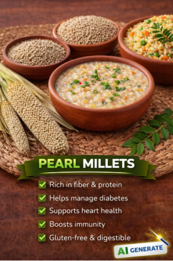 Pearl millet (bajra) grains and traditional dish showcasing a healthy, fiber-rich ancient grain