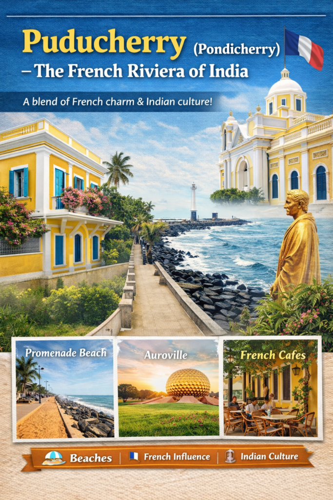 Puducherry coastal promenade with French colonial buildings, Auroville dome, beach walkway and cafes