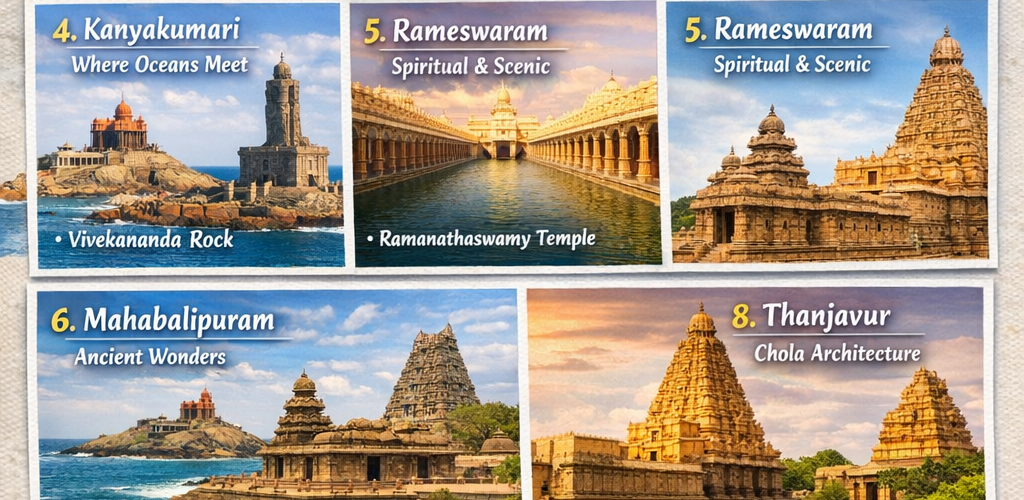 Visit in Tamil Nadu Beautiful collage of top tourist places in Tamil Nadu including temples, hill stations, beaches, and cultural landmarks