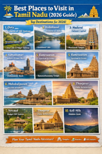 Visit in Tamil Nadu Beautiful collage of top tourist places in Tamil Nadu including temples, hill stations, beaches, and cultural landmarks