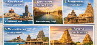 Visit in Tamil Nadu Beautiful collage of top tourist places in Tamil Nadu including temples, hill stations, beaches, and cultural landmarks