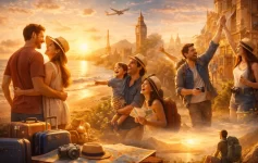 Families and couples enjoying beach and city travel at sunset