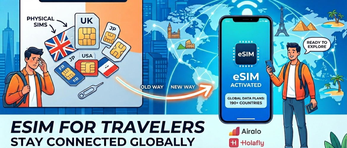 A comparison illustration of traditional physical SIM cards versus a modern eSIM activated on a smartphone, featuring logos for Airalo, Holafly, and Nomad.