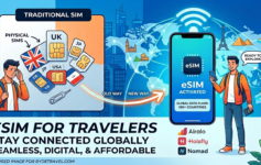 A comparison illustration of traditional physical SIM cards versus a modern eSIM activated on a smartphone, featuring logos for Airalo, Holafly, and Nomad.