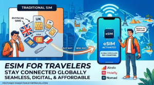 A comparison illustration of traditional physical SIM cards versus a modern eSIM activated on a smartphone, featuring logos for Airalo, Holafly, and Nomad.