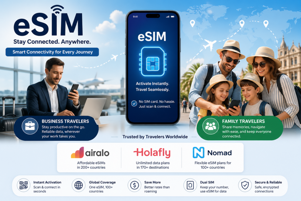 eSIM travel concept showing business traveler and family using smartphone with Airalo, Holafly, and Nomad eSIM providers for global connectivity