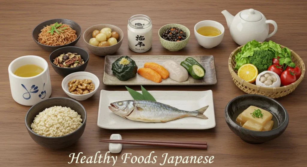Healthy Japanese foods with grilled fish, sushi, rice, vegetables and tofu