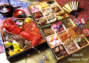 Traditional Japanese Osechi New Year food in decorative layered boxes