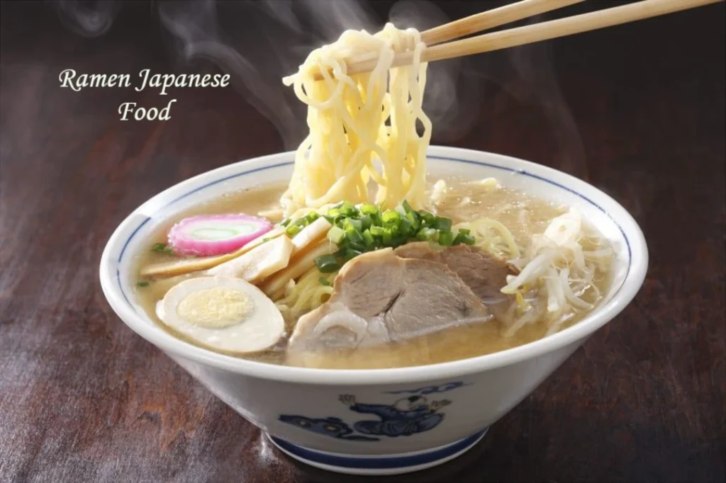 Traditional Japanese ramen bowl with noodles, pork, egg and vegetables