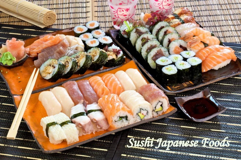 Traditional Japanese sushi platter with nigiri and maki rolls