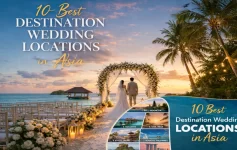 Couple standing at a floral beach wedding arch at sunset — featured image for 10 best destination wedding locations in Asia 2026