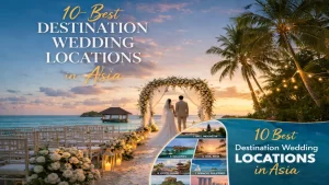 Couple standing at a floral beach wedding arch at sunset — featured image for 10 best destination wedding locations in Asia 2026