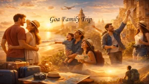 Happy families with children, luggage, travel map and camera at a Goa beach sunset — planning a perfect Goa with Family holiday