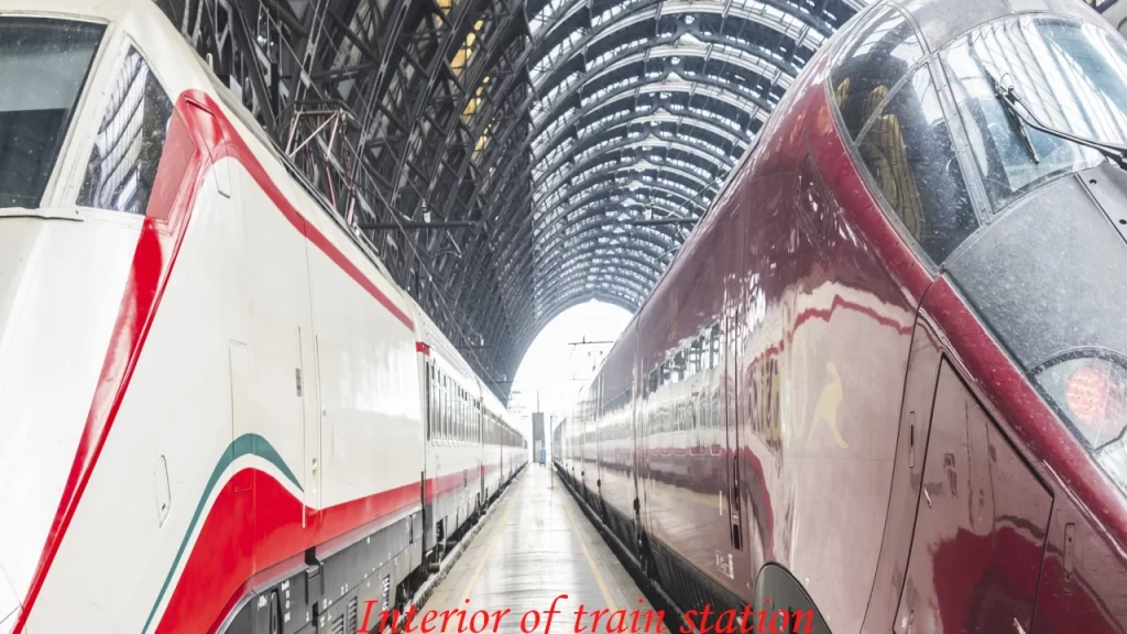 Modern high-speed trains parked at a grand terminal station platform, representing efficient rail travel options for a 7 days tour in Japan.