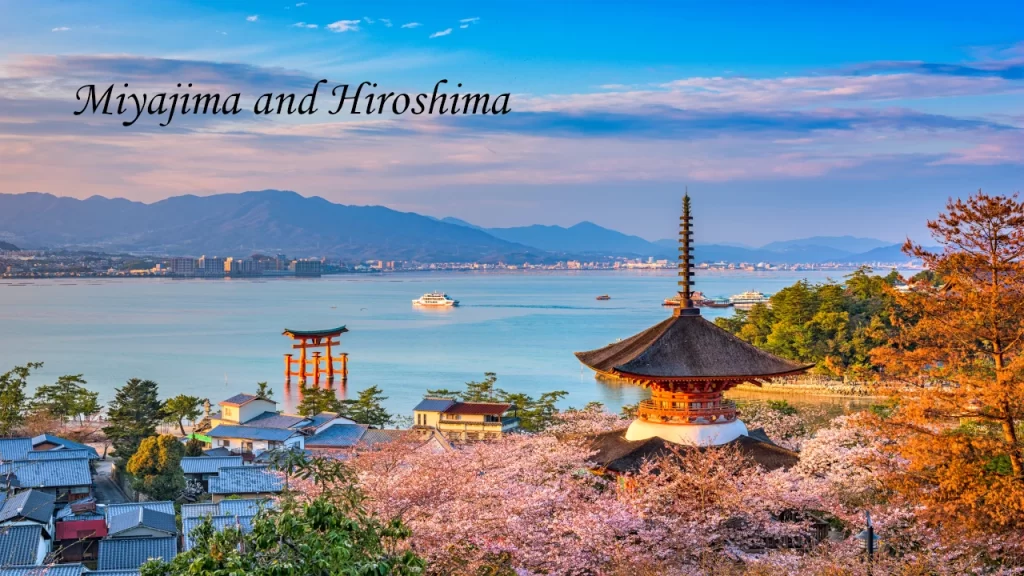 Scenic view of Miyajima Island with the Itsukushima torii gate, a traditional pagoda, and blooming cherry blossoms during a 7 days tour in Japan.