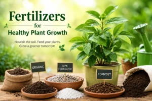 Organic fertilizers, compost, and NPK fertilizer displayed with a healthy green potted plant for healthy plant growth.