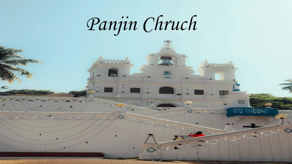 The magnificent white Baroque facade and zigzag stairways of Our Lady of the Immaculate Conception Church in Panaji, Goa.