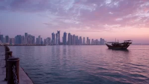 wide-angle landscape shot taken during sunrise of the high-rise skyscraper skyline of Doha, Qatar, across the water from the Corniche. A traditional wooden Dhow boat sails past with pink and purple clouds in the sky. Places to Visit in Doha