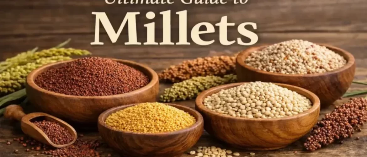 A visually rich guide featuring wooden bowls of diverse millets like red finger millet, whole white sorghum (jowar), foxtail millet, and pearl millet on a rustic wooden table with grain stalks, labeled "Ultimate Guide to Millets."