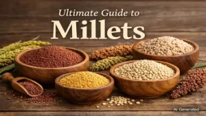 A visually rich guide featuring wooden bowls of diverse millets like red finger millet, whole white sorghum (jowar), foxtail millet, and pearl millet on a rustic wooden table with grain stalks, labeled "Ultimate Guide to Millets."