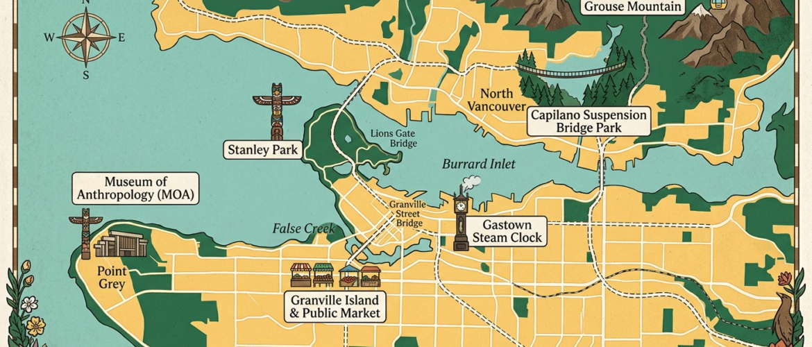Places to Visit in Vancouver Canada : Illustrated map of Vancouver, BC, highlighting the locations of Stanley Park, Granville Island, Gastown Steam Clock, Capilano Suspension Bridge, Grouse Mountain, and the Museum of Anthropology.