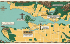 Places to Visit in Vancouver Canada : Illustrated map of Vancouver, BC, highlighting the locations of Stanley Park, Granville Island, Gastown Steam Clock, Capilano Suspension Bridge, Grouse Mountain, and the Museum of Anthropology.