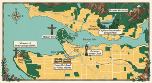 Places to Visit in Vancouver Canada : Illustrated map of Vancouver, BC, highlighting the locations of Stanley Park, Granville Island, Gastown Steam Clock, Capilano Suspension Bridge, Grouse Mountain, and the Museum of Anthropology.