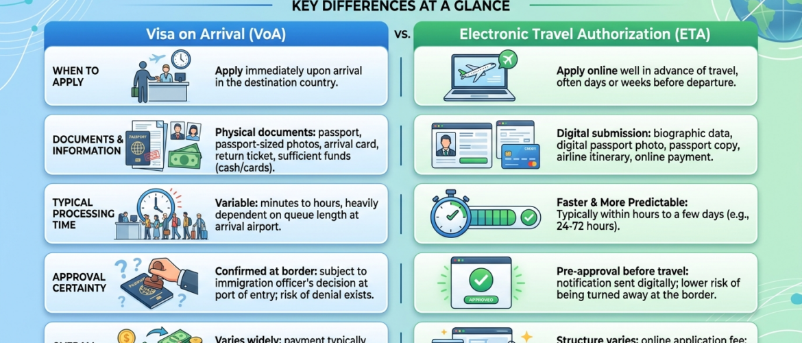A side-by-side comparison infographic web layout highlighting 5 key differences between a Visa on Arrival (VoA) and an Electronic Travel Authorization (ETA), detailing application timing, documents required, processing speeds, approval certainty, and overall fees