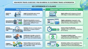 A side-by-side comparison infographic web layout highlighting 5 key differences between a Visa on Arrival (VoA) and an Electronic Travel Authorization (ETA), detailing application timing, documents required, processing speeds, approval certainty, and overall fees