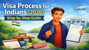 An illustrated step by step guide banner showing the visa process for Indian citizens with an approved stamp, passport, and embassy background.