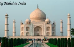 Travel to the iconic Taj Mahal in India, featuring white marble architecture, reflecting pools and gardens, a world famous landmark.
