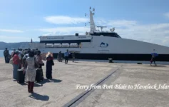 People boarding the Makruzz ferry from Port Blair to Havelock Island, which is a major entry point for popular tourist activities in Havelock Island. Families trekking through the jungle trail to Elephant Beach in Havelock Island