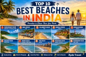Top 10 Best Beaches in India to Visit in 2026 featuring Goa, Radhanagar Beach, Varkala, Marina Beach, and Kovalam