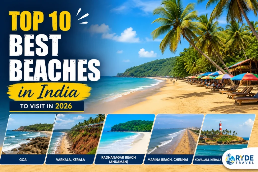 Top 10 Best Beaches in India to Visit in 2026 featuring Goa, Radhanagar Beach, Varkala, Marina Beach, and Kovalam