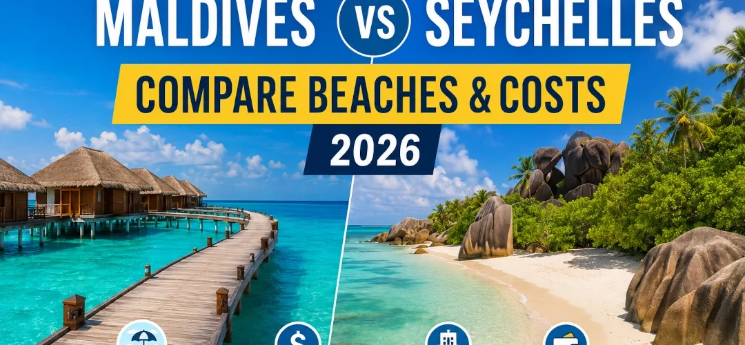Maldives vs Seychelles tropical beaches comparison with overwater villas, turquoise ocean, and granite rock coastline