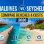 Maldives vs Seychelles tropical beaches comparison with overwater villas, turquoise ocean, and granite rock coastline