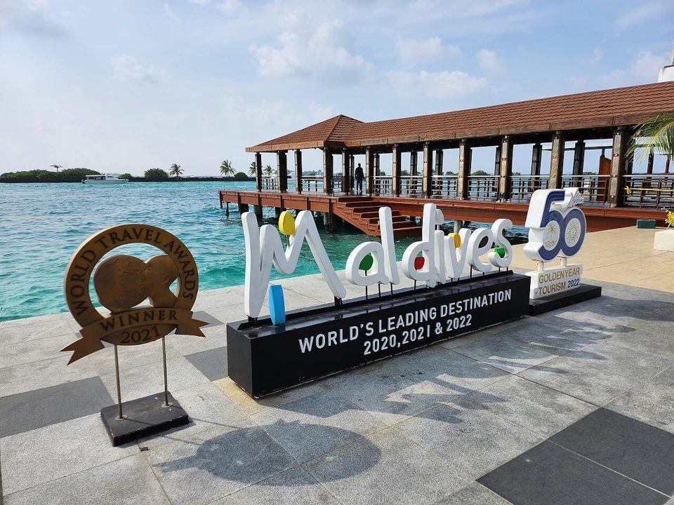 Velana International Airport in Maldives with aircraft and tropical island surroundings